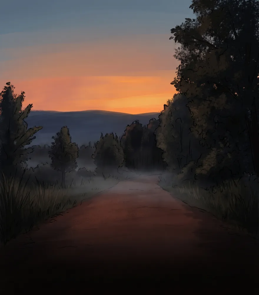 Estrada de terra ao entardecer, o caminho pro sítio